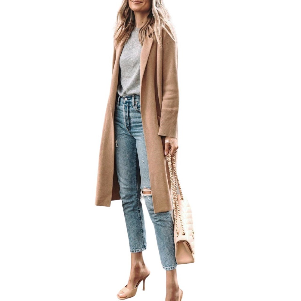 J Crew Ella Open Front Long Sweater-Blazer Cardigan Khaki Knit Merino Wool L